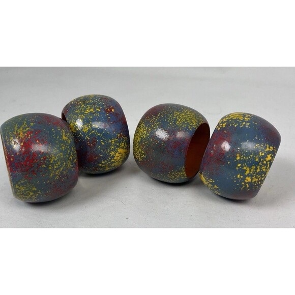 Set of 4 Boho Splatter Paint Multicolor Lacquered Wooden Napkin Rings Colorful - Picture 5 of 10
